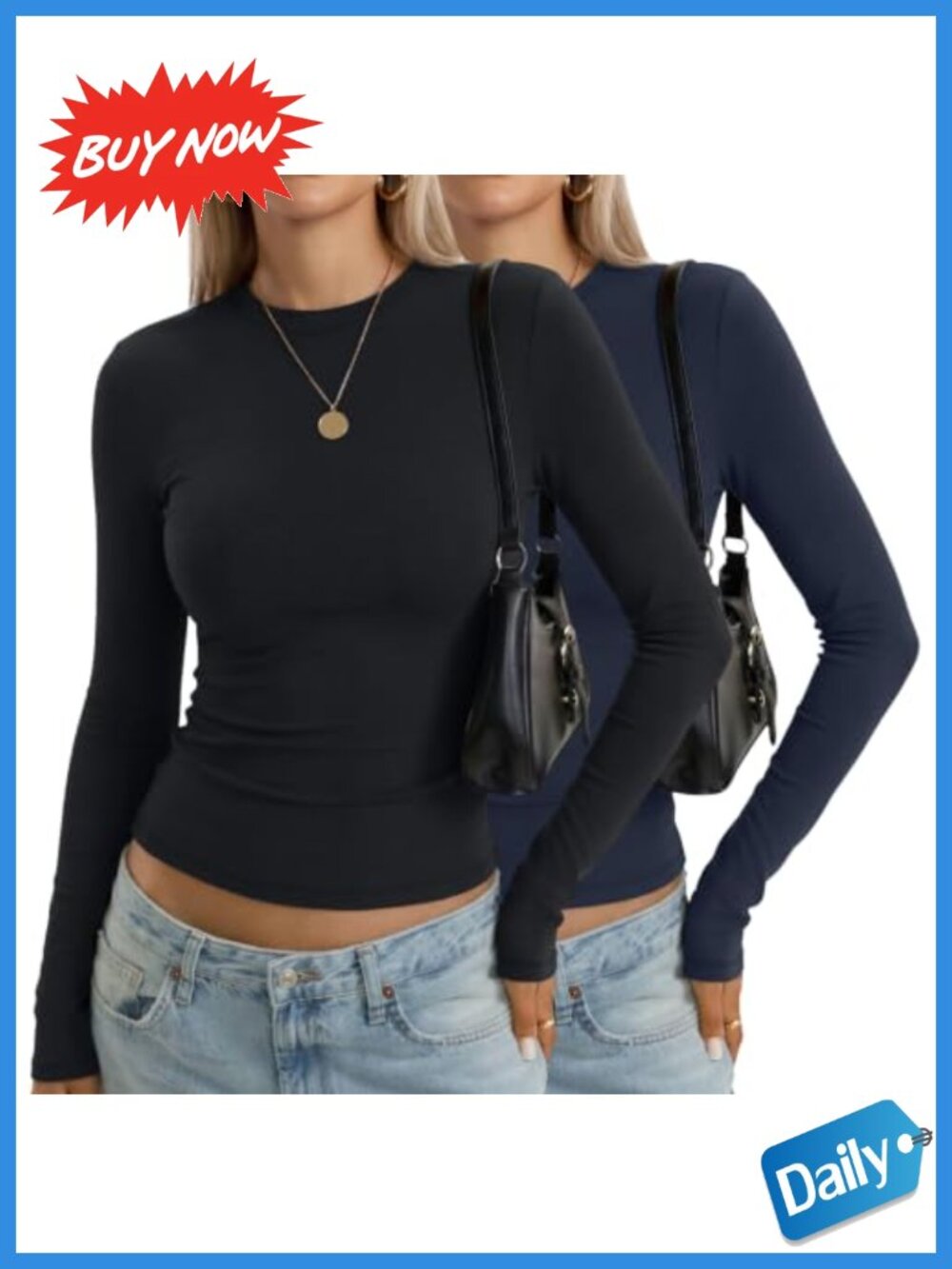 Women's Cotton Crew Neck Long Sleeve Fitted Tops Y2K Slim Fit 2 Pack